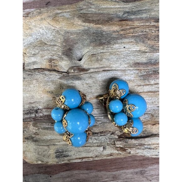 Joan Rivers Gold-Tone Clip-On Earrings With Blue Bead Clusters - Picture 1 of 6